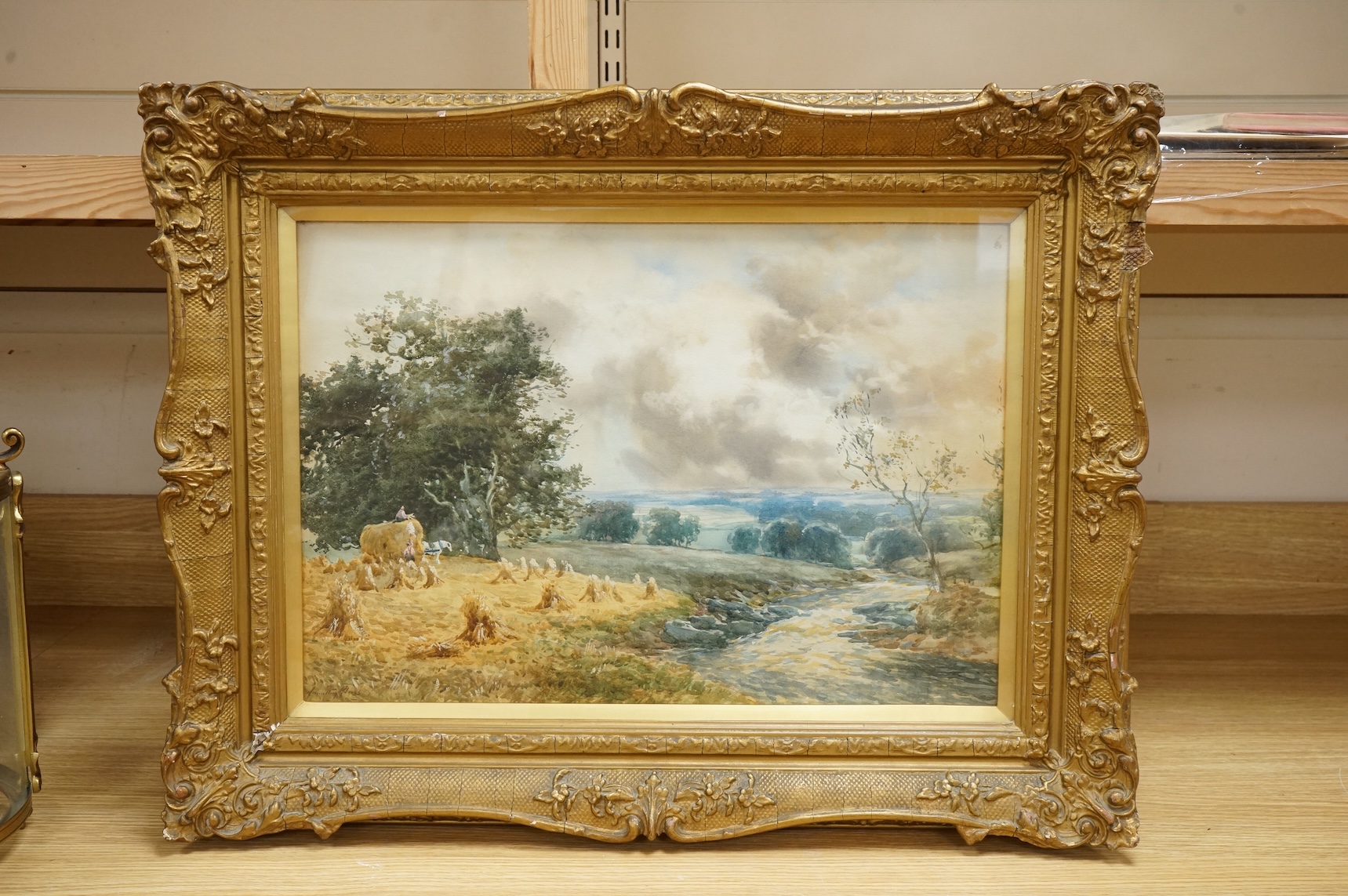 James Hamilton (1820-1855), Landscape with figures haymaking, signed, watercolour, 33 x 48cm, ornate gilt frame